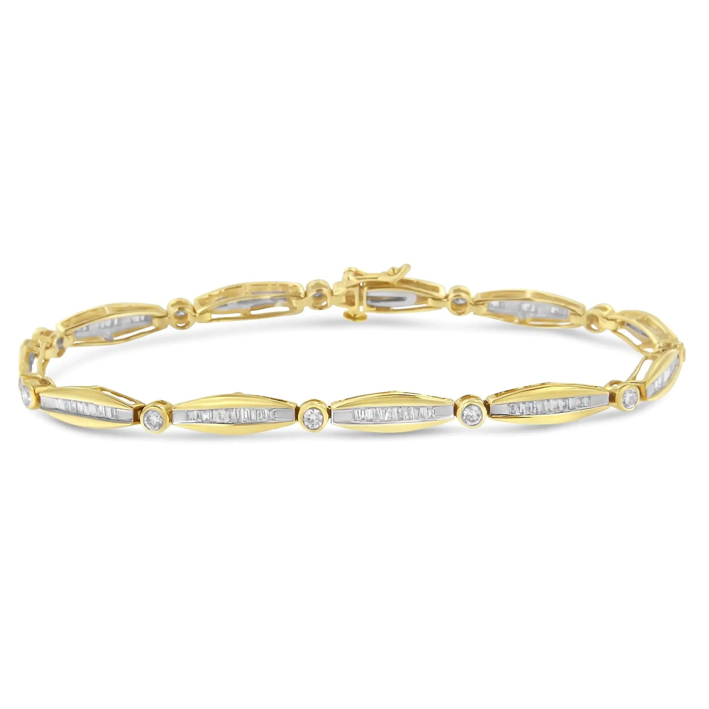 Pulsera de tenis de oro amarillo de 14 quilates con bisel de diamantes redondos de talla brillante y baguette de 1 1/2 quilates y eslabones cónicos de 18 cm (color HI, claridad I1-I2)