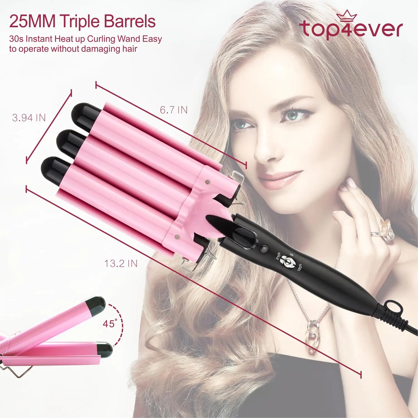 Rizador de pelo profesional TOP4EVER de 3 barriles, 25 mm (1 pulgada), con dos controles de temperatura, calentamiento rápido, portátil, para ondular el cabello (rosa)