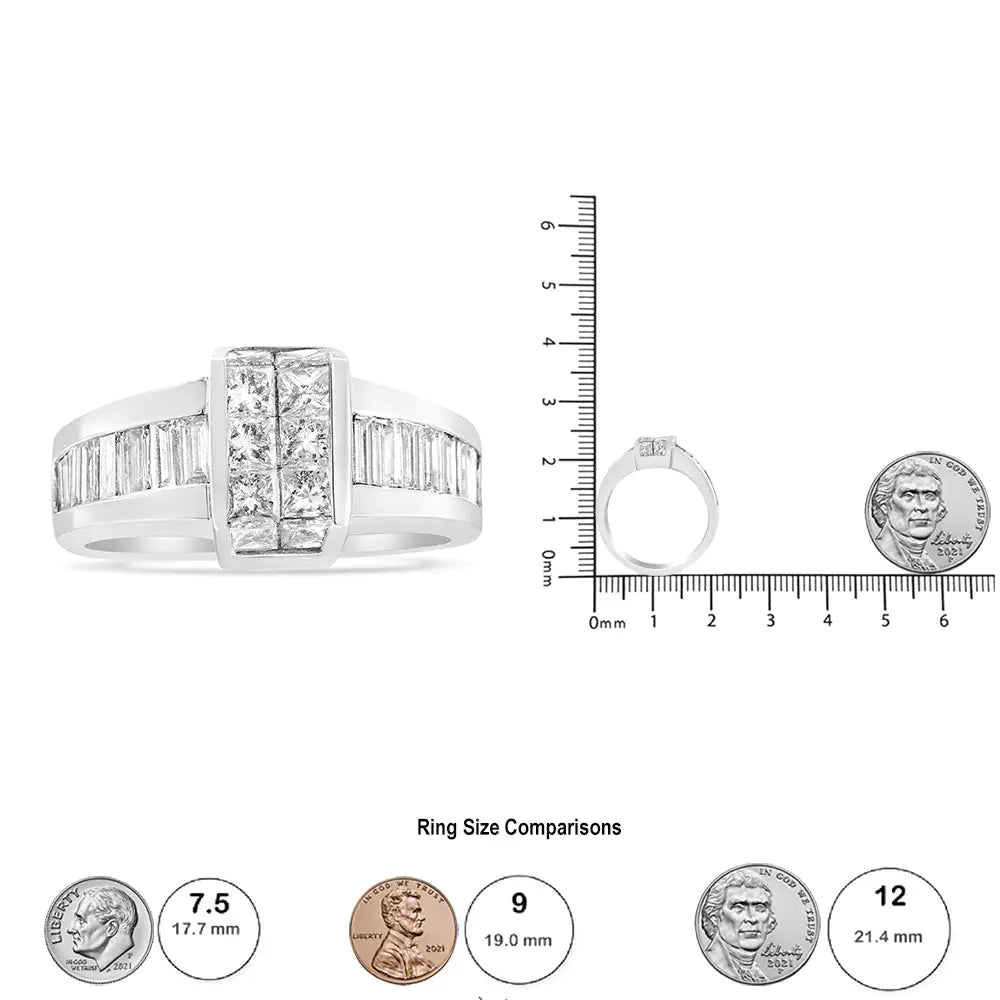 14K 白金 2 3/4 克拉隐形镶嵌公主方钻和槽镶长方形钻石升级鸡尾酒戒指（GH 颜色，SI1-SI2 净度）