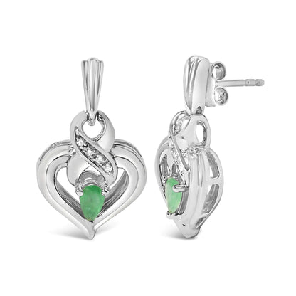 .925 Sterling Silver 5x3mm Pear Emerald Gemstone with Diamond Accent Heart Dangle Stud Earrings (H-I Color, SI1-SI2 Clarity)