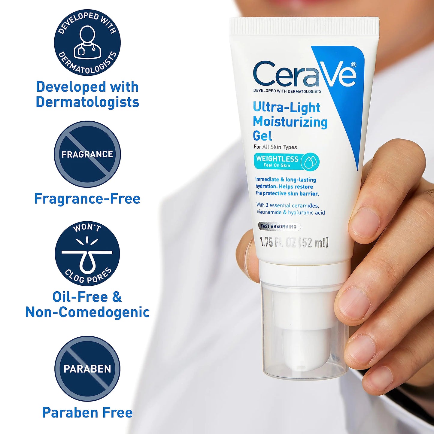 CeraVe Ultra-Light Moisturizing Gel | Hydrating Gel Face Moisturizer med ceramider, niacinamid, hyaluronsyre | Duftfri | Oljefri | Vektløs Mattifying Moisturizer | 1,75 FL Oz 