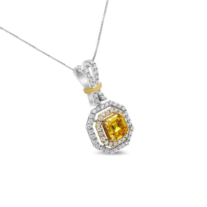 18K White and Yellow Gold 1.75 Cttw Lab Grown Treated Yellow Asscher Center Diamond Halo 18" Pendant Necklace (Yellow/G-H Color, VS1-VS2 Clarity)