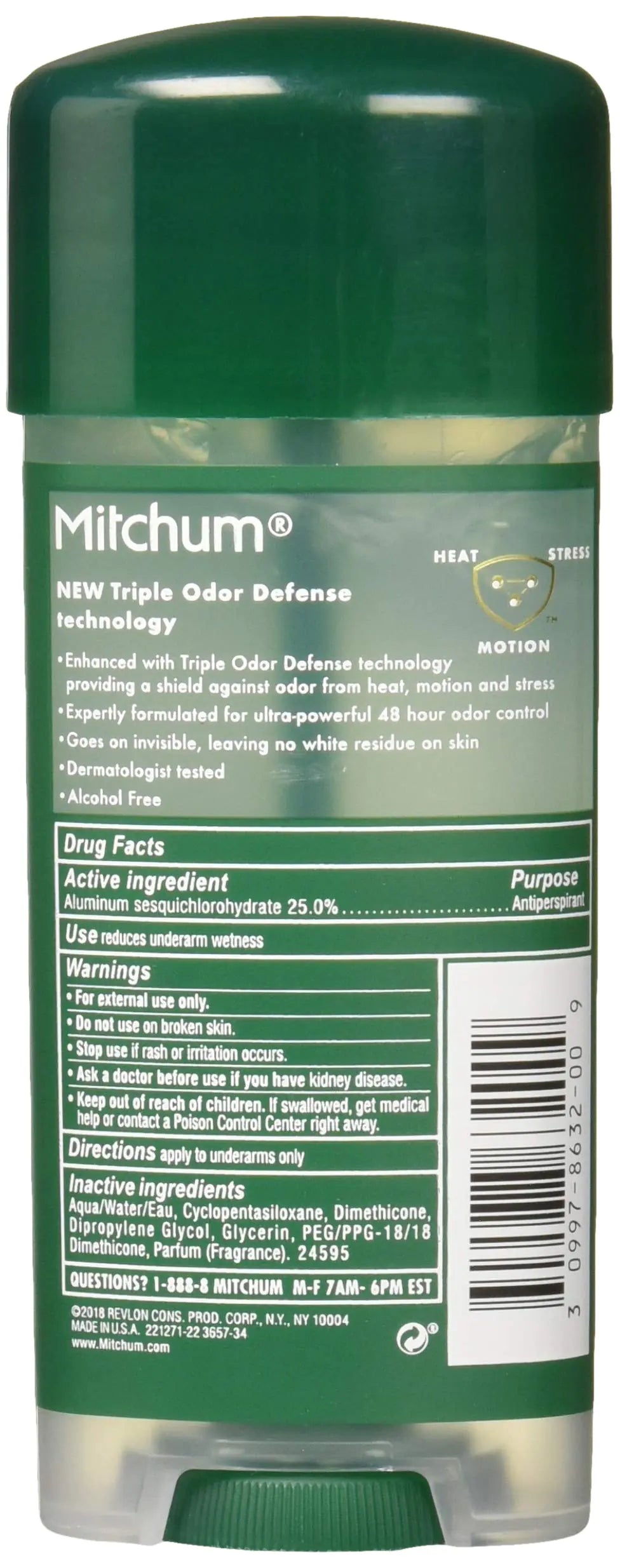 Desodorante antitranspirante en barra Mitchum para hombre, gel con triple protección contra el mal olor, 48 horas de protección, probado por dermatólogos, sin alcohol, sin perfume, 100 g, verde (paquete de 1)