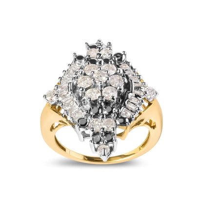 10K Yellow Gold 1 Cttw Round and Baguette cut Diamond Cluster and Rhombus Halo Ring (H-I Color, I1-I2 Clarity)