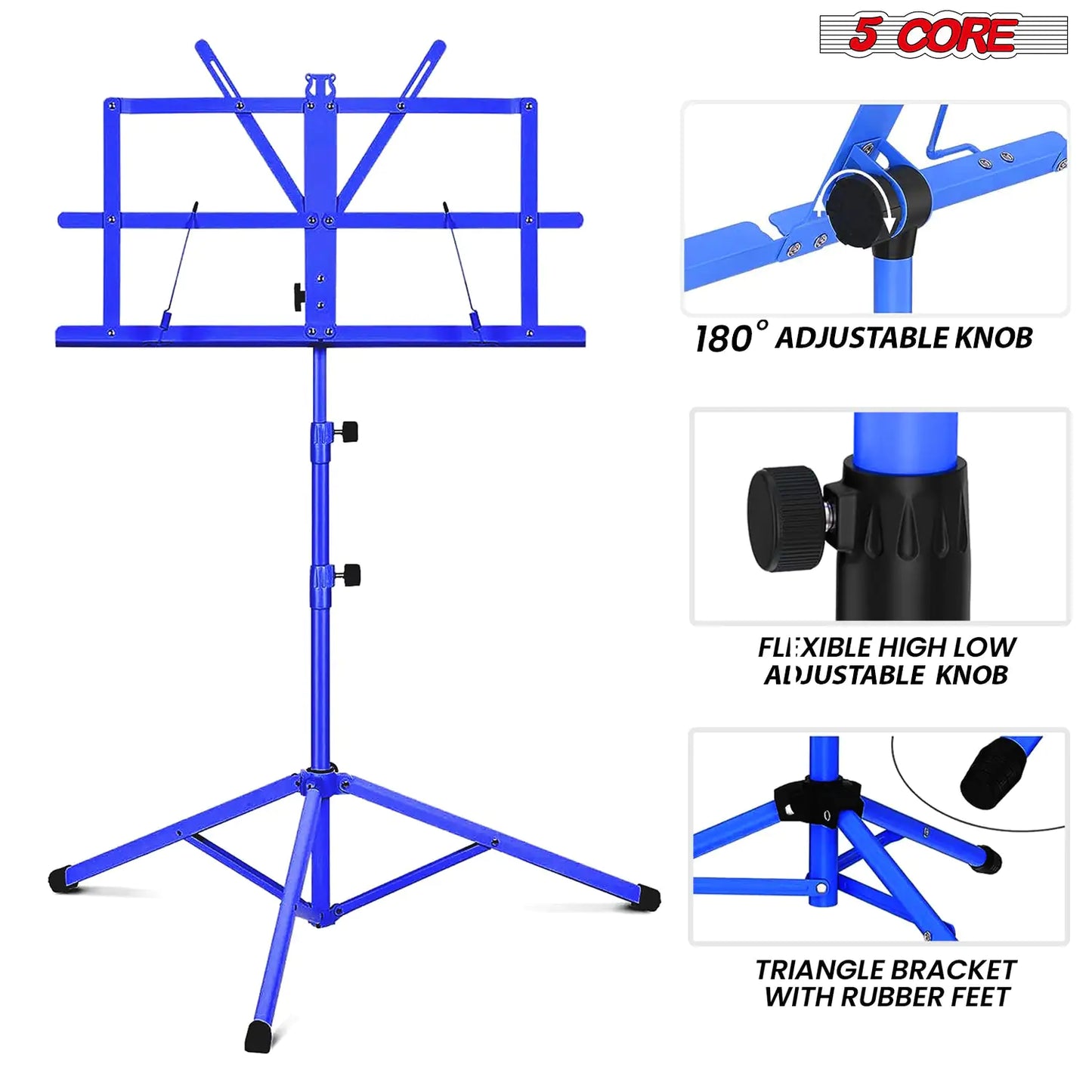 Soporte de Música 5Core para Partituras Portátil Tripé Ajustável Dobrável Porta-Notas AZUL