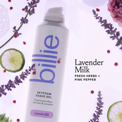 Kit de afeitado Billie Razors para mujer con 2 recambios y soporte, aroma a leche de lavanda, gel de afeitar SkyFoam Sunburst y gel de afeitar.