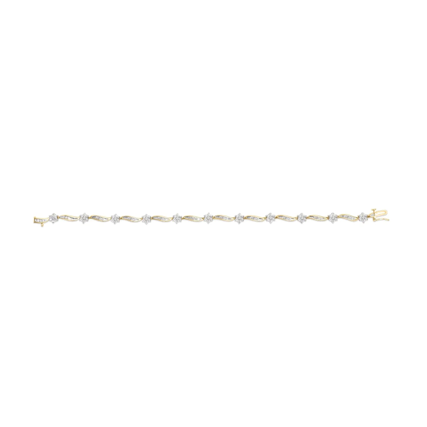 10K Yellow Gold 2.00 Cttw Round-Cut and Baguette-Cut Floral Design Swirl Link 7.5" Bracelet (H-I Color, I2-I3 Clarity)