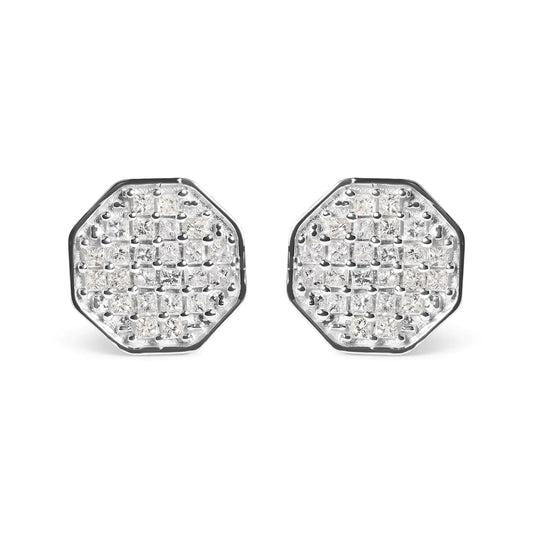 10K White Gold 7/8 Cttw Princess Diamond Composite Octagon Shaped Stud Earrings (I-J Color, I1-I2 Clarity)