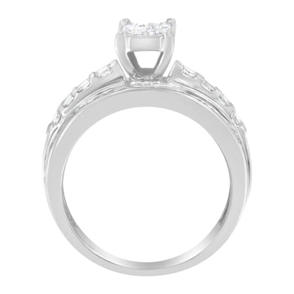 14K White Gold 1.0 Cttw Mixed-Cut Diamond Rectangle Invisible-Set Composite Cluster Ring with Bar- and Channel-Set Band (H-I Color, SI2-I1 Clarity)