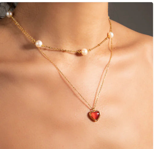 18K Gold Stainless Steel Inlaid Red Agate Love Pendant Necklace