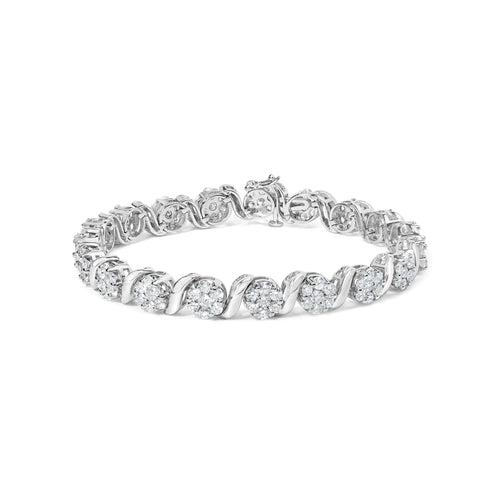 14K hvitt gull 7 3/8 Cttw Rund Brilliant Diamond Floral Cluster og S Link-armbånd (HI Color, SI2-I1 Clarity) - 7" tommer