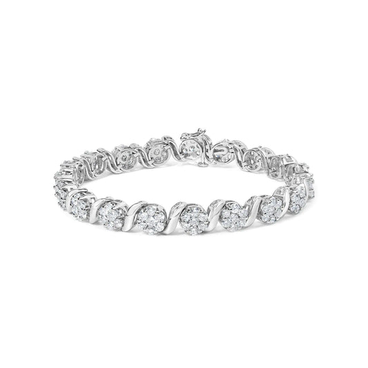 14K hvitt gull 7 3/8 Cttw Rund Brilliant Diamond Floral Cluster og S Link-armbånd (HI Color, SI2-I1 Clarity) - 7" tommer