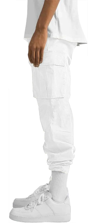 HUNGSON - Pantalones cargo para hombre, informales, para senderismo, jogging, deportivos, de algodón, holgados y rectos, talla 28, color blanco