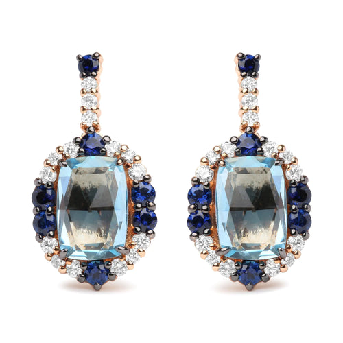 Pendientes colgantes de oro blanco y rosa de 18 quilates con diamantes de 3/4 ct, zafiro azul redondo y topacio azul cielo de talla cojín de 13 x 8 mm (color GH, claridad SI1-SI2).