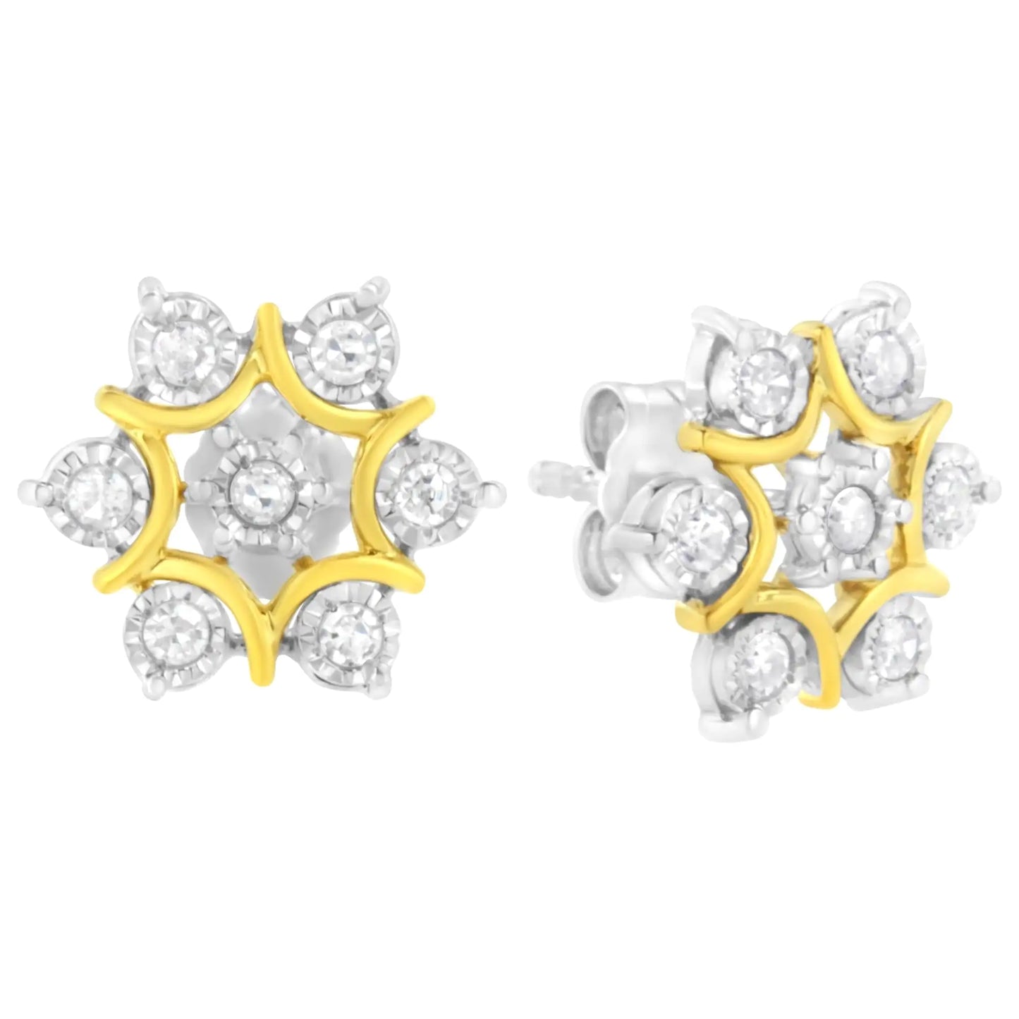 Aretes florales de diamantes de talla redonda con engaste milagroso de 1/4 ct, chapados en oro amarillo de 10 quilates y plata de ley 925 (color IJ, claridad I2-I3)