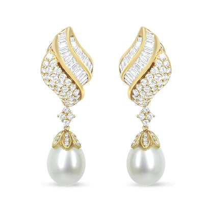 18k Yellow Gold 7.0 Cttw Baguette and Round Diamond South Sea Pearl Drop Dangle Clip-On Earrings (F-G Color, VS1-VS2 Clarity)