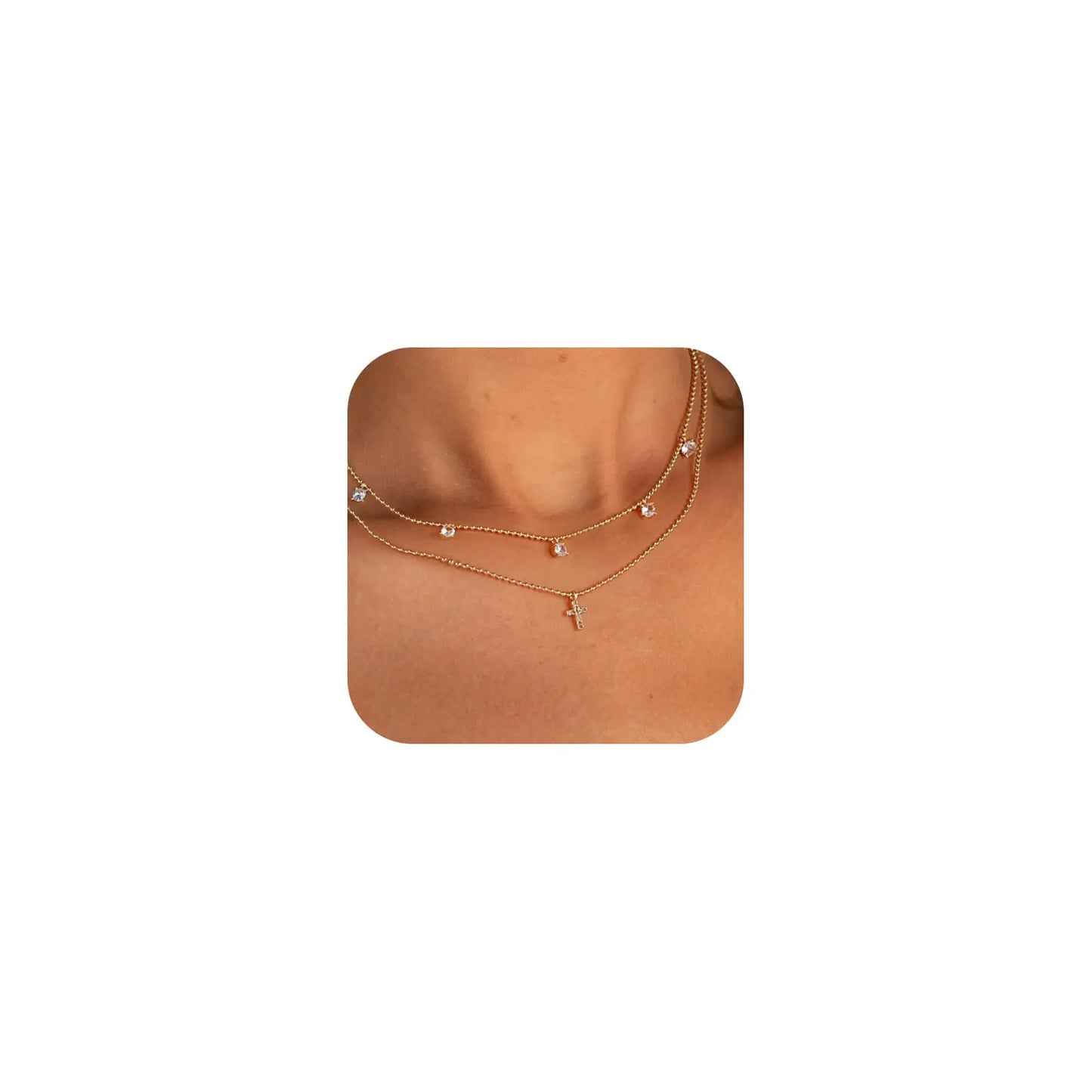 Kors halskjede for kvinner 14K ekte gull Sølvbelagt delikat liten kors anheng Choker enkel trendy søt kors sjarmkjede halskjede tro smykker religiøs minimalistisk gave 2 lags perle+diamant kryss-GD