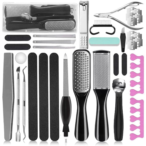 Kit de pedicura 36 en 1, herramientas para el cuidado de los pies, raspador de acero inoxidable para eliminar piel muerta, para casa y viajes… Negro y plateado