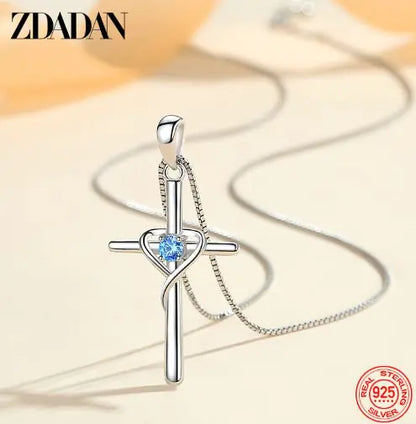 ZDADAN 925 Silver Blue Zircon Cross Pendant Necklace for Women