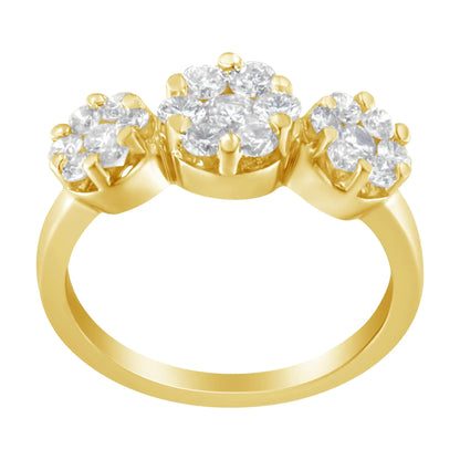 Anillo de compromiso o de moda en oro amarillo de 14 quilates con tres racimos florales redondos de diamantes de talla brillante de 1 1/4 ct (color HI, claridad SI2-I1)