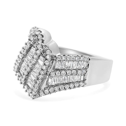 14K White Gold 1-1/2 Cttw Round and Baguette Diamond Bypass Cocktail Ring Band (H-I Color, SI1-SI2 Clarity)