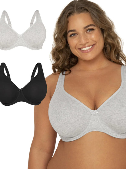 Fit For Me By Fruit of the Loom Women's Plus Size Cotton Unlined Underwire Bra-Pinch-Free Straps - Side and Back Smoothing 40DDD Heather Grey/Black Hue