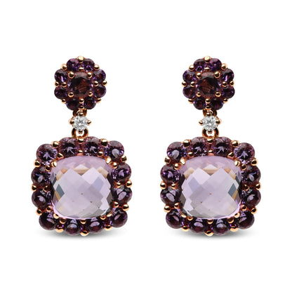 18K Rose Gold Diamond Accent and Pink and Purple Amethyst Gemstone Halo Dangle Drop Earrings (G-H Color, SI1-SI2 Clarity)