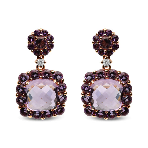 Pendientes colgantes de oro rosa de 18 quilates con detalles de diamantes y halo de amatista rosa y morada (color GH, claridad SI1-SI2)