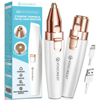 Recortador de cejas y vello facial 2 en 1 recargable: afeitadora indolora para rostro, labios y cuerpo con luz LED integrada (blanca)