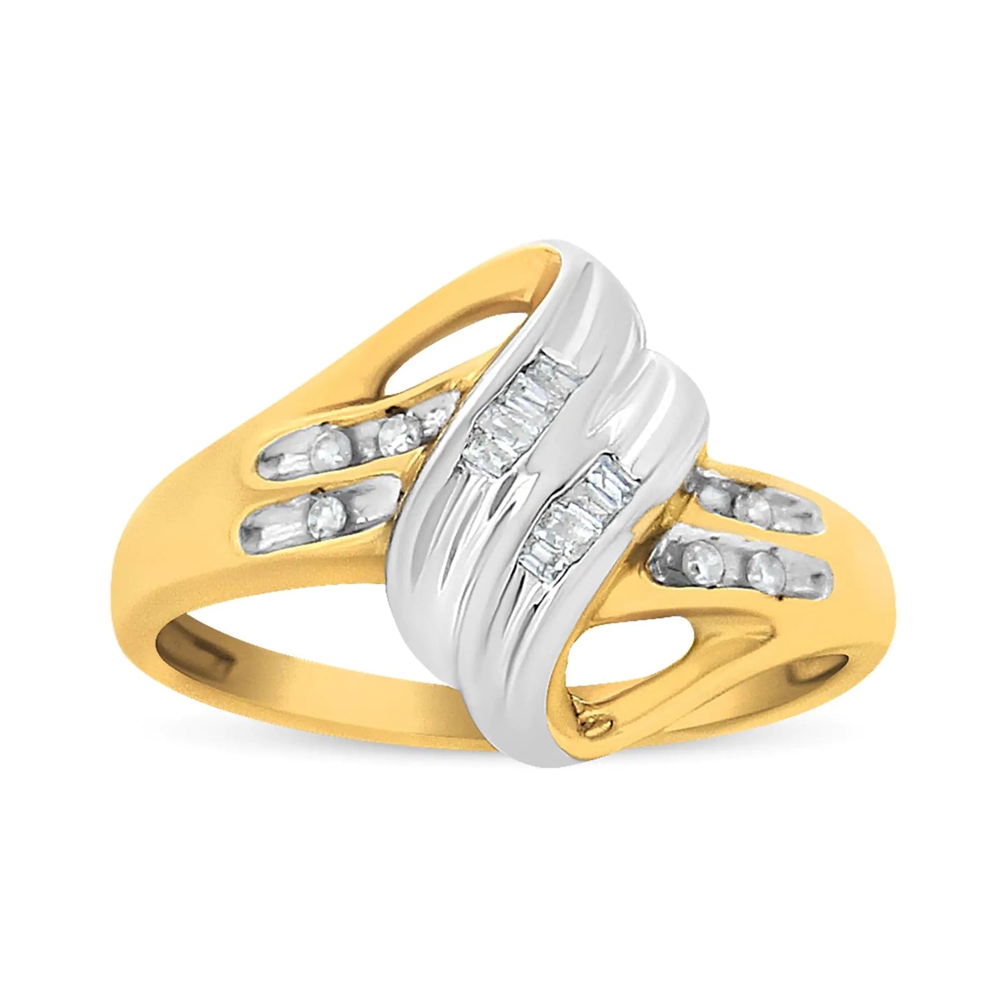 10K Yellow and White Gold 1/10 Cttw Baguette and Round-Cut Diamond Bypass Ring (I2 Color, H-I Clarity)