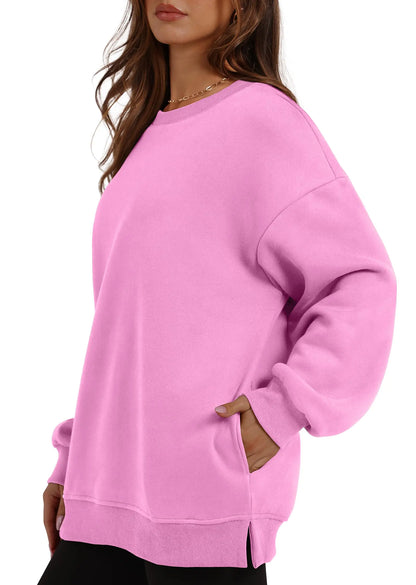 WIHOLL Oversized sweatshirts for kvinner med rund hals og lange armer Fleecegenser Høstmoteklær med lomme Rosa XX-Large