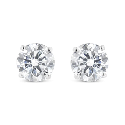 Aretes clásicos de oro blanco de 10 quilates con diamantes redondos de talla brillante casi incoloros de 1 1/2 quilates y cierre de rosca (color JK, claridad I2-I3)