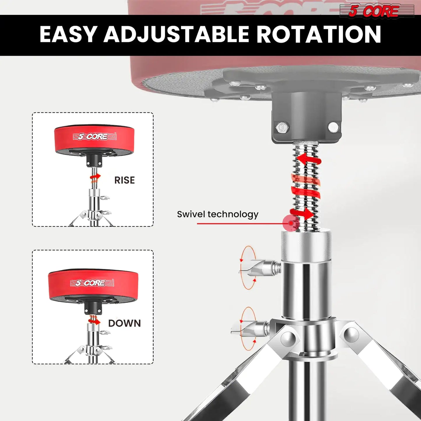 Banqueta para Bateria 5Core Acolchoada、Banquinho Giratório Ajustável para Guitarristas、Assento de Baterista、Cadeira 音乐剧 VERMELHO VELUDO