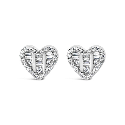 Aretes de plata de ley 925 con diamantes redondos y baguette de 1/2 ct en forma de corazón (color IJ, claridad SI2-I1)