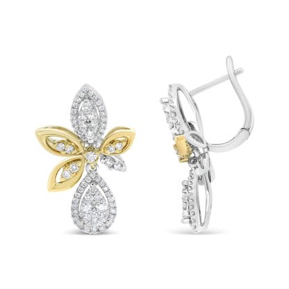 Pendientes colgantes de oro blanco y amarillo de 14 quilates con diamantes redondos engastados en pavé, forma de lágrima y marquesa (color HI, claridad SI1-SI2)