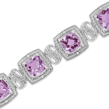 Pulsera de tenis de plata de ley 925 con amatista morada de talla cojín de 7 x 7 mm y diamante redondo de 1/10 ct (color IJ, claridad I1-I2) - 18 cm