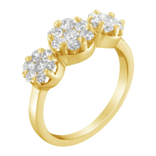 Anillo de compromiso o de moda en oro amarillo de 14 quilates con tres racimos florales redondos de diamantes de talla brillante de 1 1/4 ct (color HI, claridad SI2-I1)