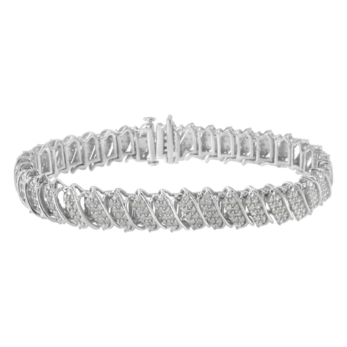 Pulsera de tenis de plata de ley 925 con eslabones ondulados inclinados de 18 cm y 3,0 quilates de diamantes en racimo de varias filas (color IJ, claridad I2-I3)