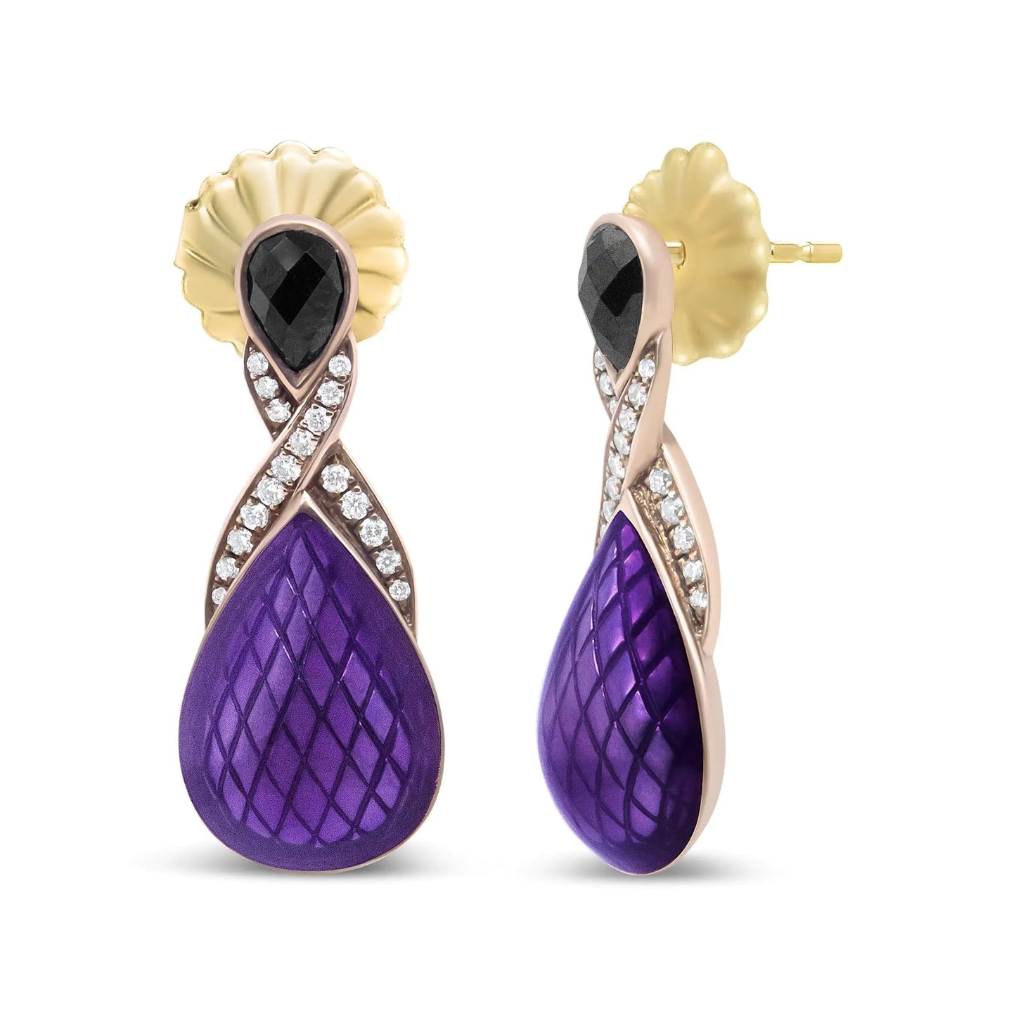 Aretes colgantes de plata de ley 925 con baño de oro rosa de 18 quilates y esmalte morado con diamantes redondos engastados en pavé de 1/5 ct y ónix negro en forma de pera de 5,5 x 4 mm (color FG, claridad VS1-VS2)