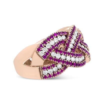 18K Rose Gold Red Ruby and 7/8 Cttw Diamond Woven Braided Band Ring (F-G Color, VS1-VS2 Clarity)