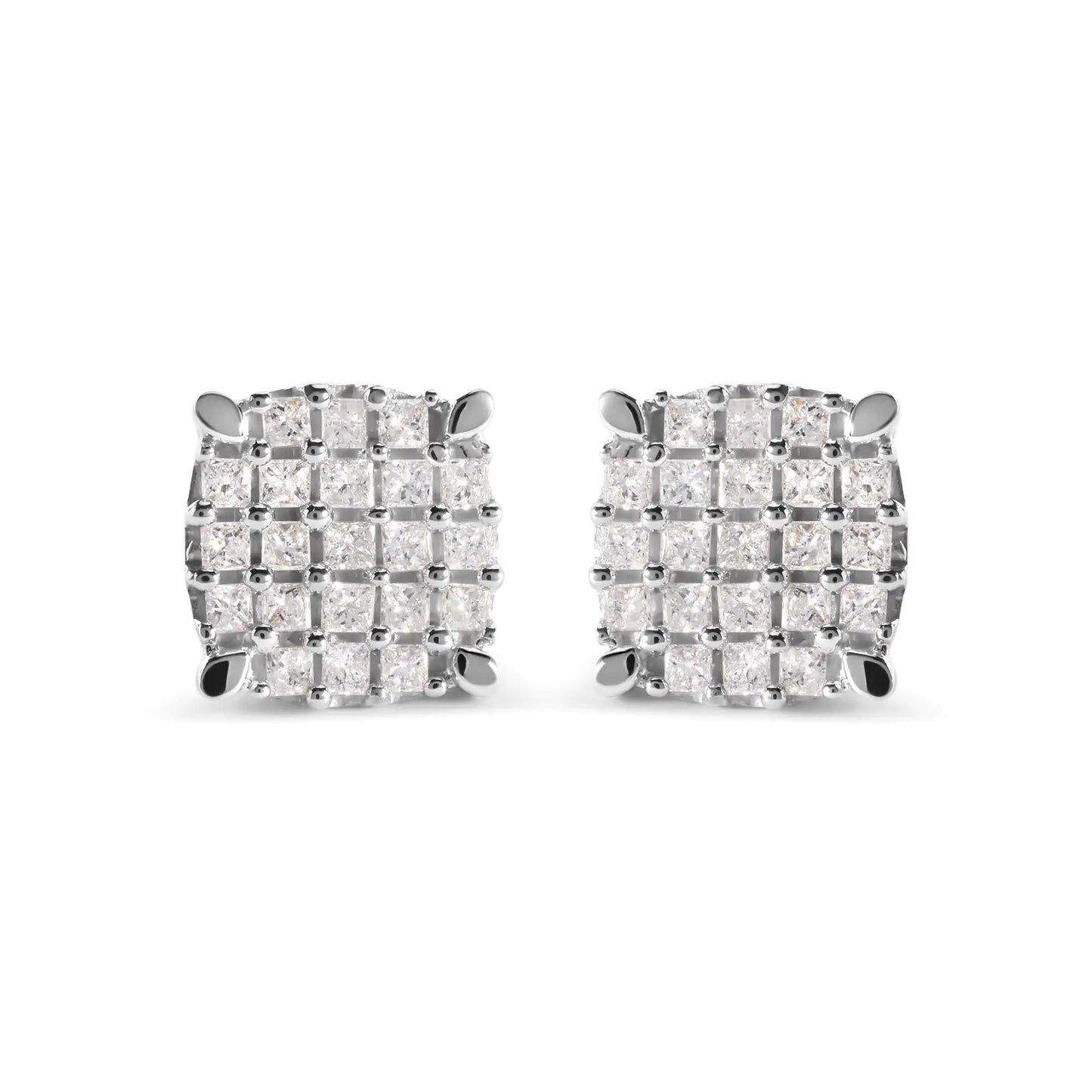 10K White Gold 3/4 Cttw Princess Diamond Composite Cushion Shape Stud Earrings (I-J Color, I1-I2 Clarity)