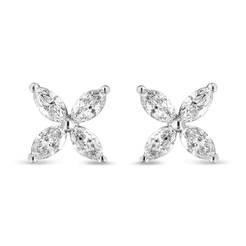 14K White Gold 1.0 Cttw Marquise Diamond 8 Stone Floral Leaf Stud Earrings (H-I Color, SI2-I1 Clarity)