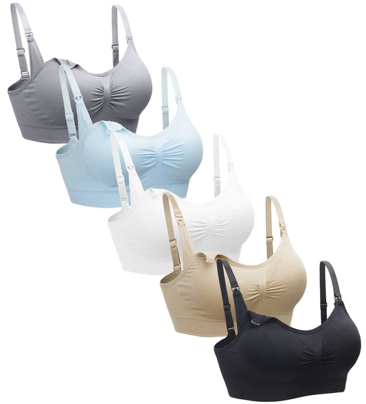 Suekaphin - Paquete de 5 sujetadores de lactancia sin aros para mujer, para dormir y premamá, talla grande, negro, nude, gris, blanco y azul claro