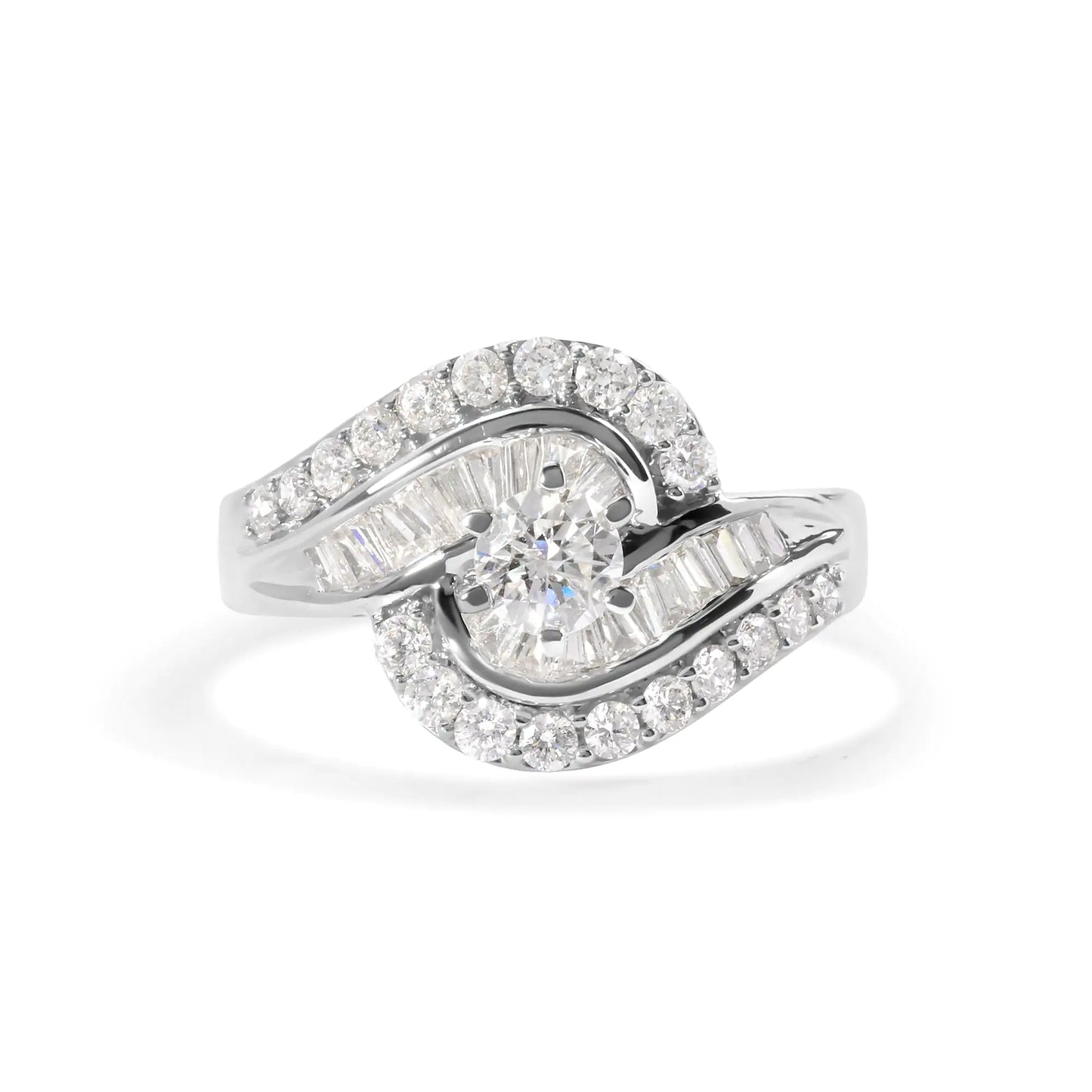 14K White Gold 1.00 Cttw Round and Baguette cut Diamond Swirl Cocktail Ring (H-I Color, SI2-I1 Clarity)