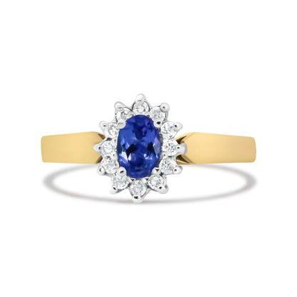 14K gult gull 1/5 Cttw rund diamant og 6x4 mm oval blå tanzanite Halo-ring (HI-farge, I1-I2-klarhet)