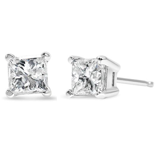 14K White Gold 3/8 Cttw Princess-Cut Square Diamond Classic 4-Prong Solitaire Stud Earrings(H-I, I1-I2)