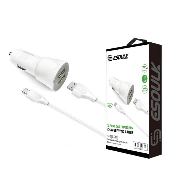 Esoulk 12W Dual USB Car Charger with 5FT Type-C Cable