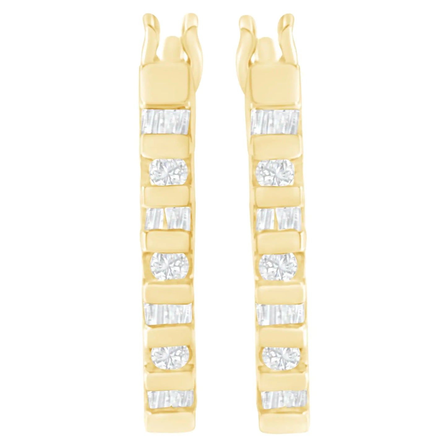 10K Yellow Gold Round and Baguette Cut Diamond Oblong Hinged Leverback Hoop Earrings (¼ Cttw, I-J Color, I2-I3 Clarity)