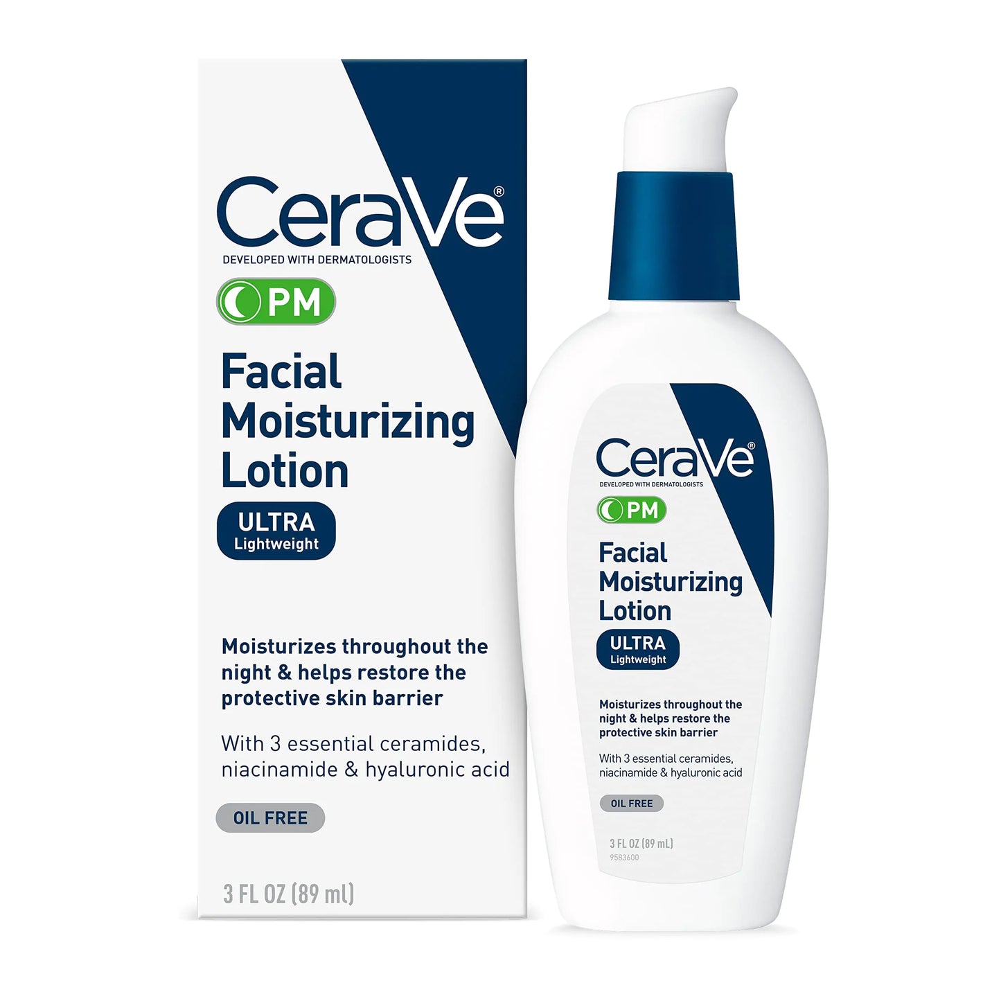 CeraVe PM Facial Moisturizing Lotion | Nattkrem med hyaluronsyre og niacinamid | Ultralett, oljefri fuktighetskrem for ansikt | 3 unse 3 Fl Oz (pakke med 1) 