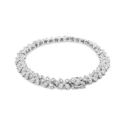 14K White Gold 1 1/2 Cttw Round Diamond Floral Clover-Shaped Link Bracelet (H-I Color, SI1-SI2 Clarity) - Size 7"